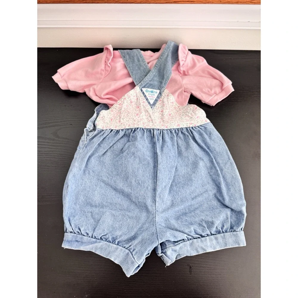 Vintage OshKosh B'Gosh Vestbak Denim Bubble Overalls Floral Trim Baby 4T Shirt